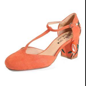 Anthropologie Chelsea Crew Coral Embroidered faux suede Heels